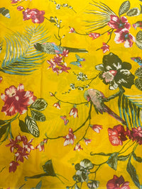 Bright Sunflower Yellow Tropical Flora & Parakeet Pure Cotton Fabric (44 Inches Width)