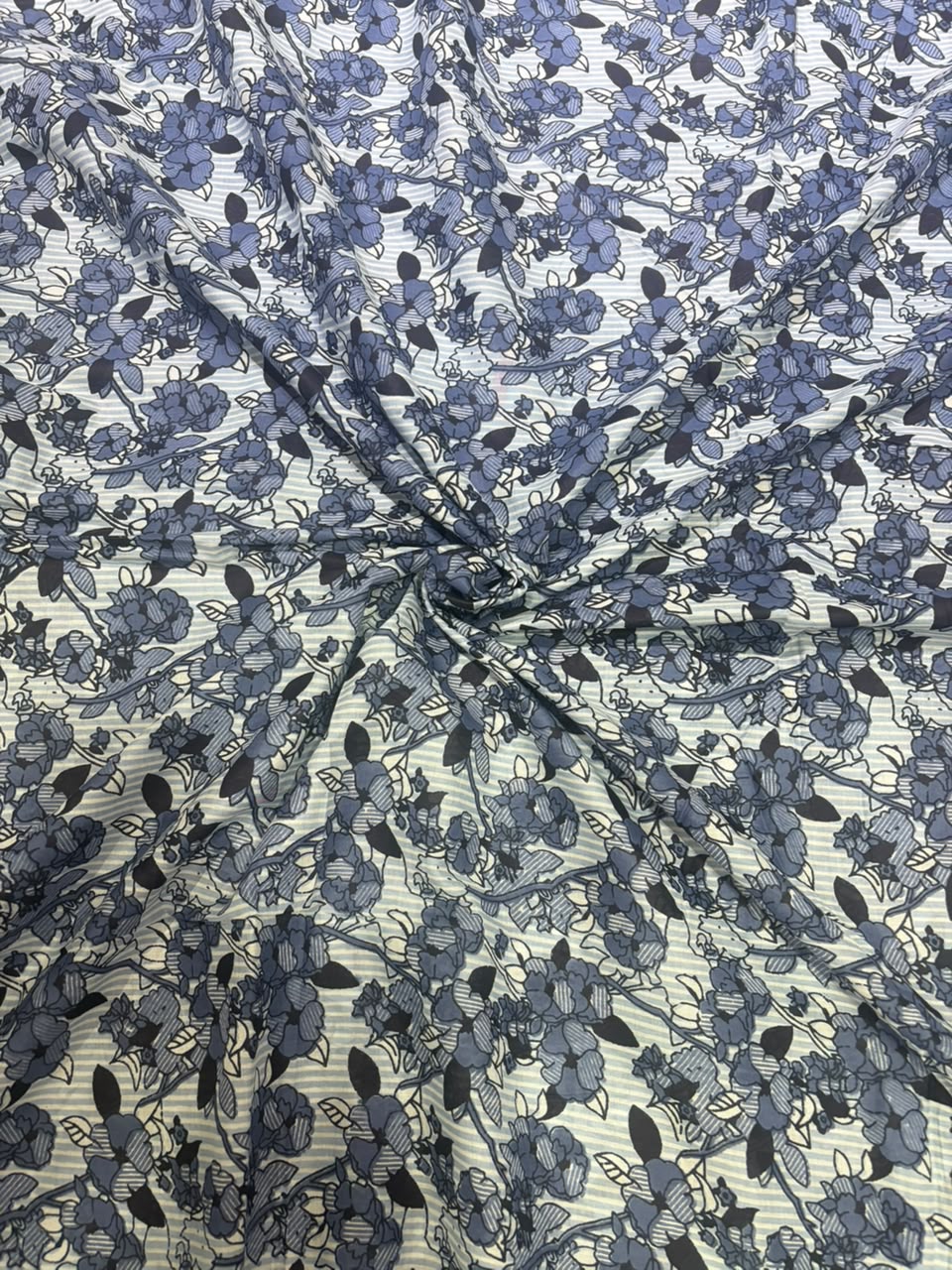 Slate Blue & Indigo Floral Vine Striped Pure Cotton Fabric (44 Inches Width)