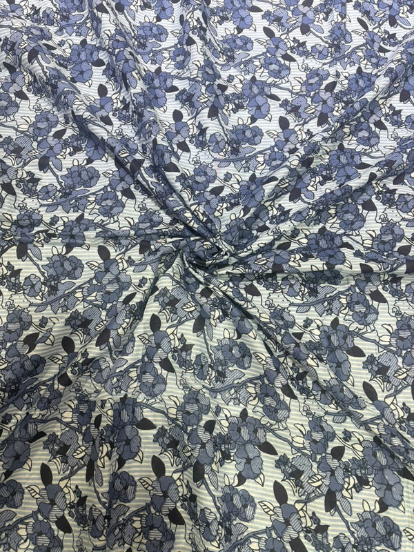 Slate Blue & Indigo Floral Vine Striped Pure Cotton Fabric (44 Inches Width)