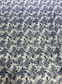 Slate Blue & Indigo Floral Vine Striped Pure Cotton Fabric (44 Inches Width)