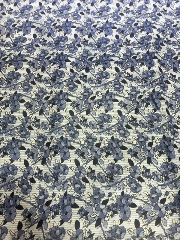 Slate Blue & Indigo Floral Vine Striped Pure Cotton Fabric (44 Inches Width)