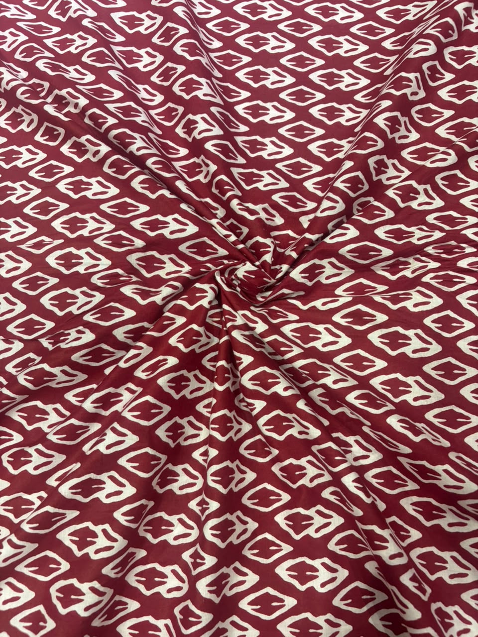 Maroon Red & Ivory Geometric Leaf Block Printed Pure Cotton Fabric (44 Inches Width)
