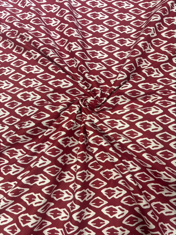 Maroon Red & Ivory Geometric Leaf Block Printed Pure Cotton Fabric (44 Inches Width)