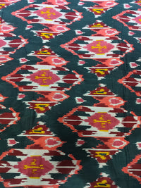 Dark Teal Green & Coral Ikat Print Cotton Fabric