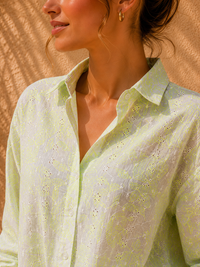 Ivory & Lime Green Floral Chikankari Casual Cotton Shirt