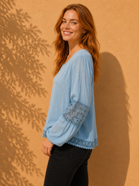 Denim Wash Loose-Fit Lace Top